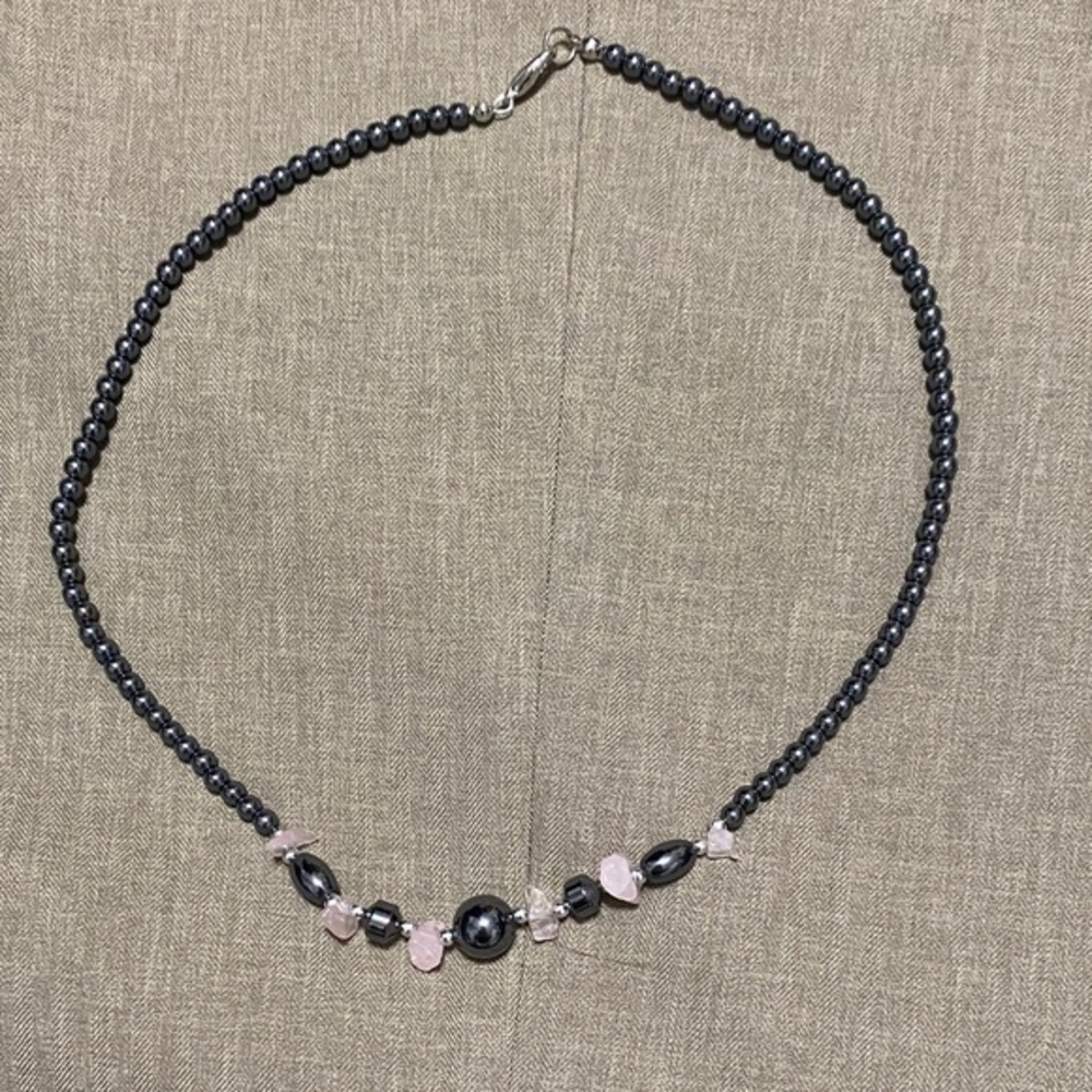 Vintage Hematite necklace with rose quartz